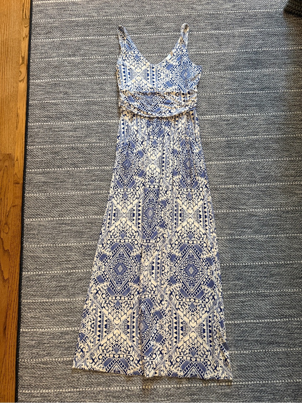 Kenar Blue and White Printed Maxi Dress - Sleeveless V-Neck